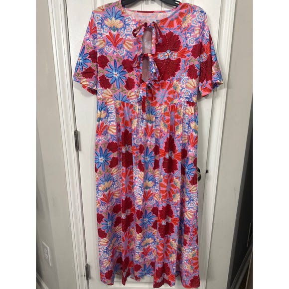 Unbranded Dresses & Skirts - Pink Floral Keyhole Tie Front Maxi Dress Short Sleeve Boho Small Wedding Guest
